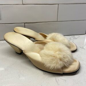 Real fur and satin kitten heels slippers